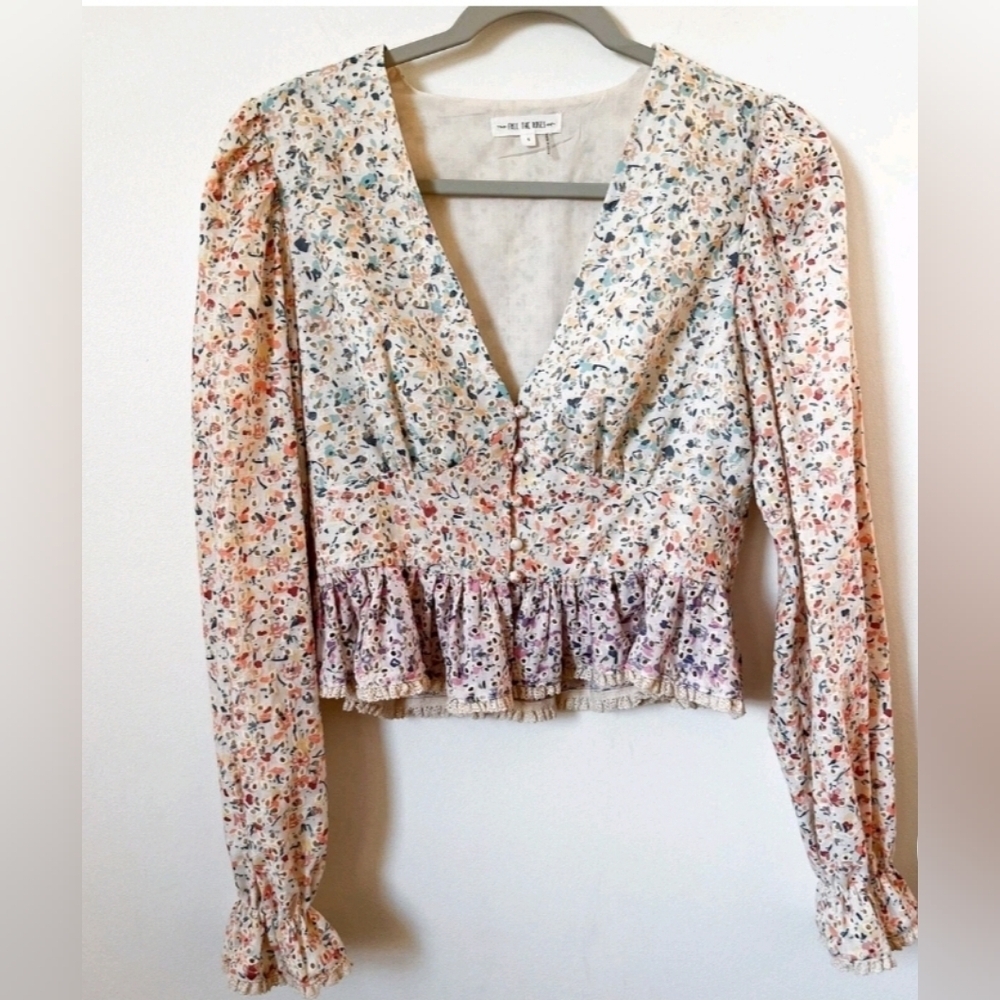 Free The Roses Eyelet Lace Ruffle Deep V Neck Top Cottage Girly Boho Pastel Crop